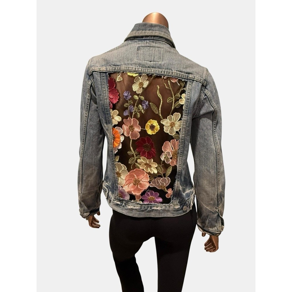 Vintage Floral Embroidered Mesh Patchwork Hippie Eclectic Denim Jacket Boho/2 - Picture 4 of 10